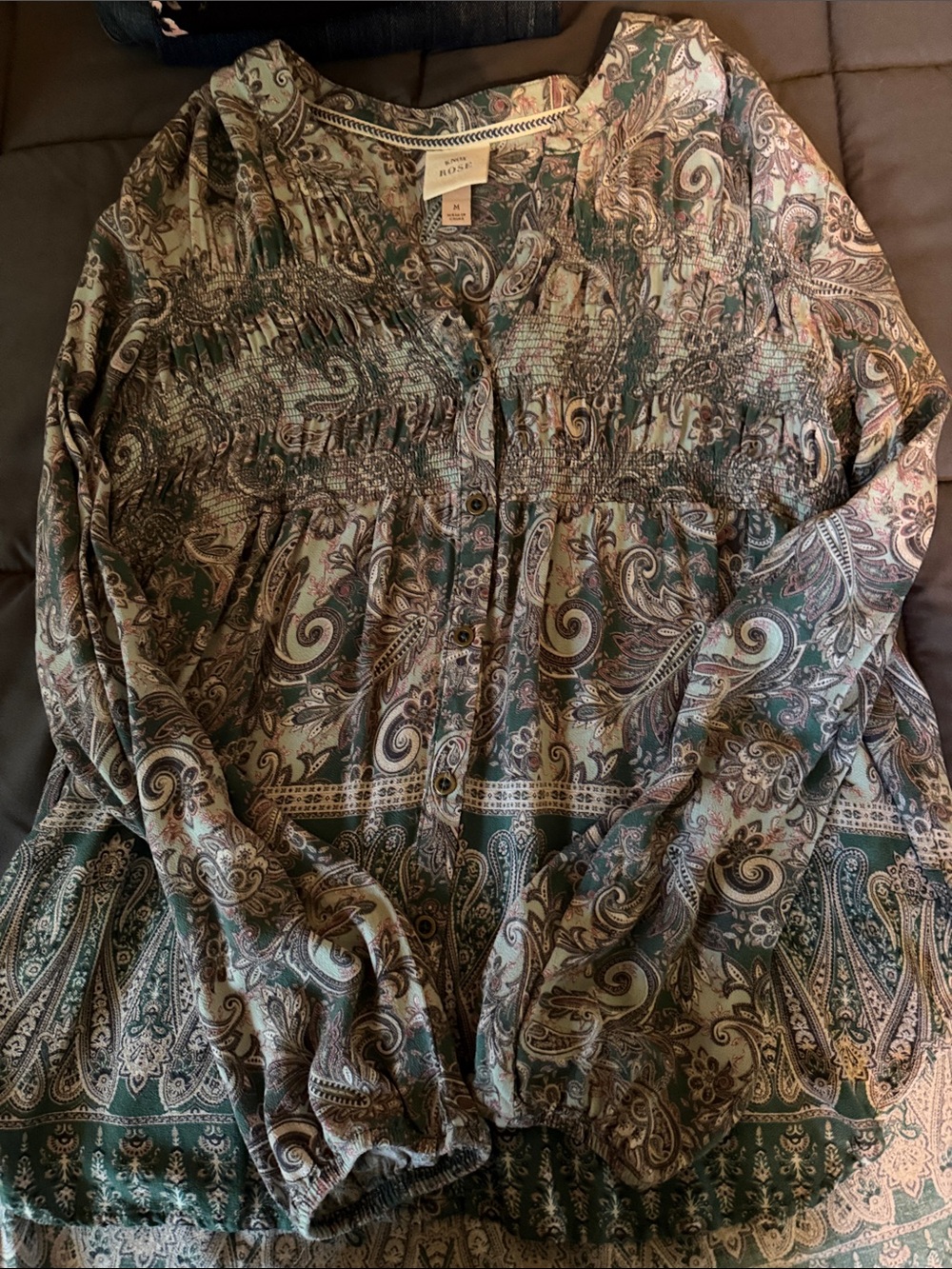 Knox Rose Paisley Button-Front Top in Green and Brown
